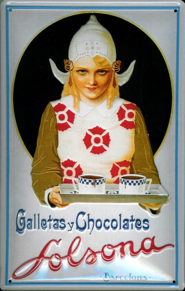 Blechschild Galletas y Chocolates Barcelona Schokolade Schild Nostalgieschild