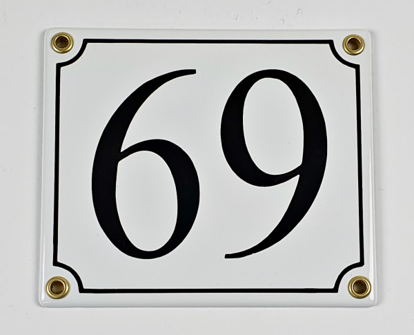 Hausnummernschild 69 weiß/schwarz Serif 14x12 cm Emailleschild