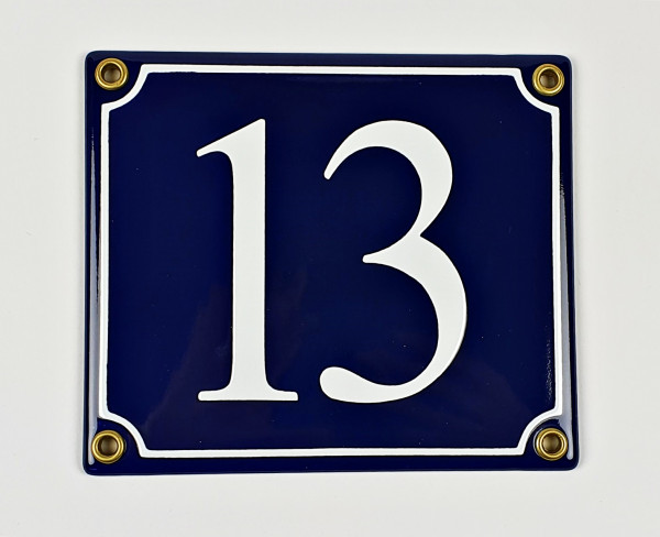 13 blau / weiß Serif 14x12 cm sofort lieferbar Schild Emaille Hausnummer
