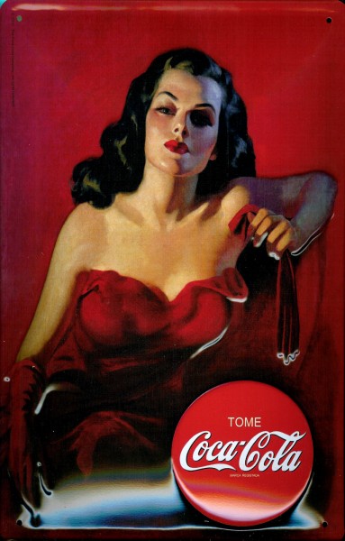 Blechschild Coca Cola Lady in Red Schild Werbeschild Nostalgieschild