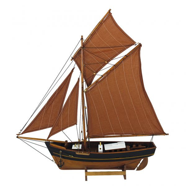 Schiffsmodell Fischerboot braune Segel Segelkutter aus Holz 60x64cm