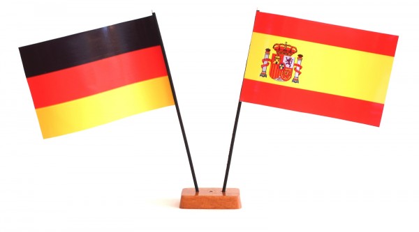 Mini Tischflagge Spanien 9x14 cm Höhe 20 cm mit Gratis-Bonusflagge und Holzsockel Tischfähnchen