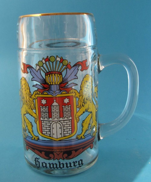 Maßkrug aus Glas mit Hamburg Löwen Wappen 1 Liter Bierseidel Bierglas Bierkrug