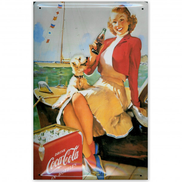 Blechschild Coca Cola Coke Boot Frau mit Hund retro Schild Nostalgieschild
