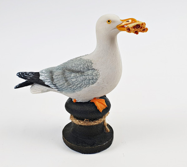 Möwe Seemöwe 1 Stück Dekofigur Vogel auf Stein Waffel im Schnabel Meer maritim