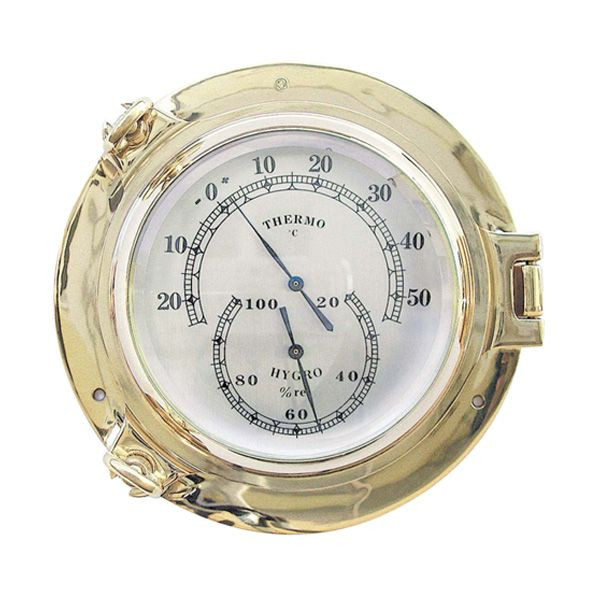 Thermometer / Hygrometer im Bullauge 18cm Messing