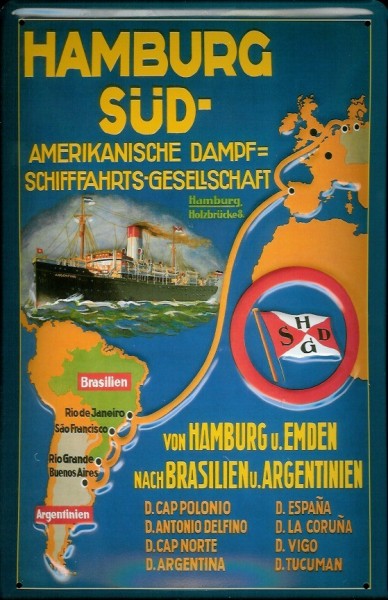 Blechschild Hamburg Süd Reederei Plakat Dampfer Schiff Schild Nostalgieschild