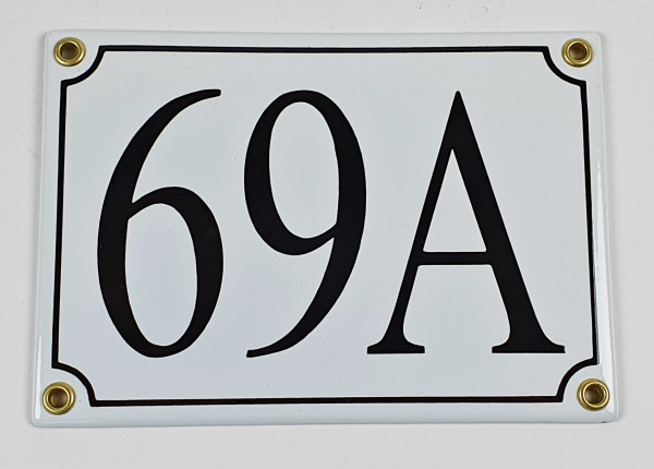 Hausnummernschild 69A weiß/schwarz Serif 17x12 cm Emailleschild