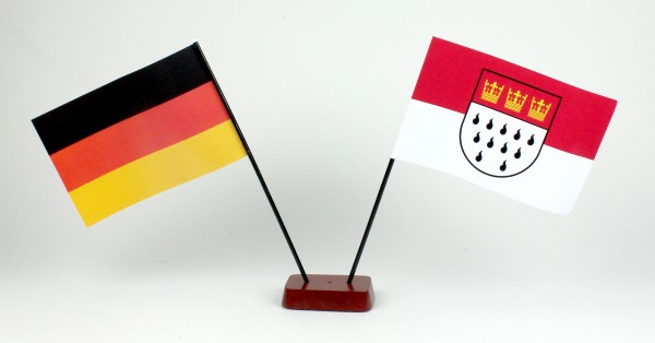 Mini Tischflagge Köln 9x14 cm Höhe 20 cm mit Gratis-Bonusflagge und Holzsockel Tischfähnchen