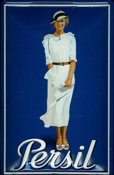 Blechschild Persil blau mit Frau und Hut Waschpulver Schild Reklameschild
