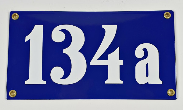 Hausnummernschild 134a blau ohne Rahmen Clarendon 22x12 cm Emailleschild