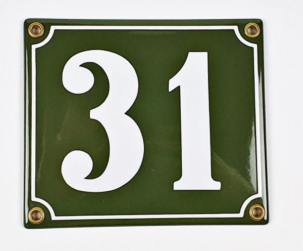 Hausnummernschild 31 grün Clarendon 14x12 cm Emailleschild