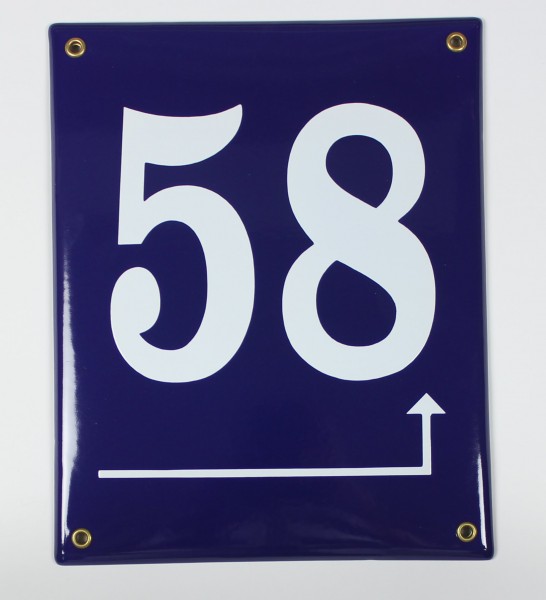 Hausnummernschild 58 Pfeil rechts um die Ecke blau 25x20 cm Emailleschild