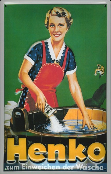 Blechschild Henko zum Einweichen der Wäsche Waschpulver Schild retro Werbeschild Nostalgieschild