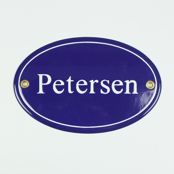 Petersen blau oval 15x10 cm sofort lieferbar Schild Emaille Namensschild Türschild