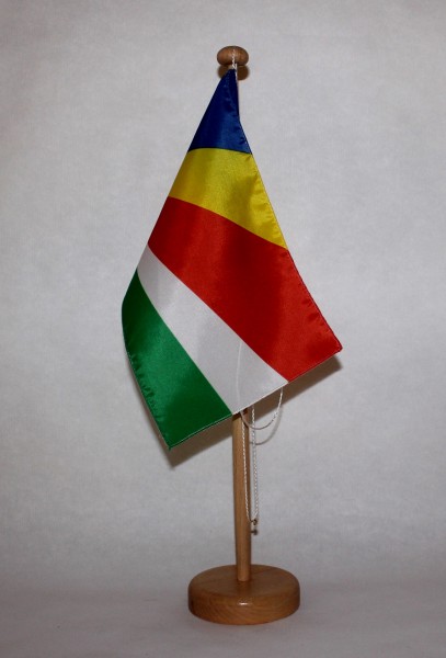 Tischflagge Seychellen 25x15 cm optional mit Holz- oder Chromständer Tischfahne Tischfähnchen