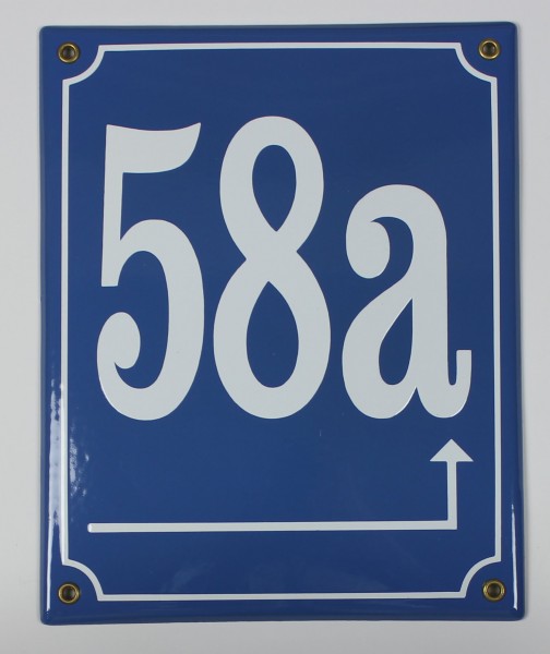 58a Pfeil rechts hoch mittelblau 25x20 cm sofort lieferbar Schild Emaille Hausnummer