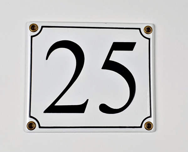 25 weiß / schwarz Serif 12x14 cm sofort lieferbar Schild Emaille Hausnummer