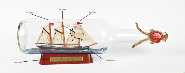 Buddelschiff runde Flasche 0,7 Liter Flaschenschiff individuell nach Ihren Wünschen