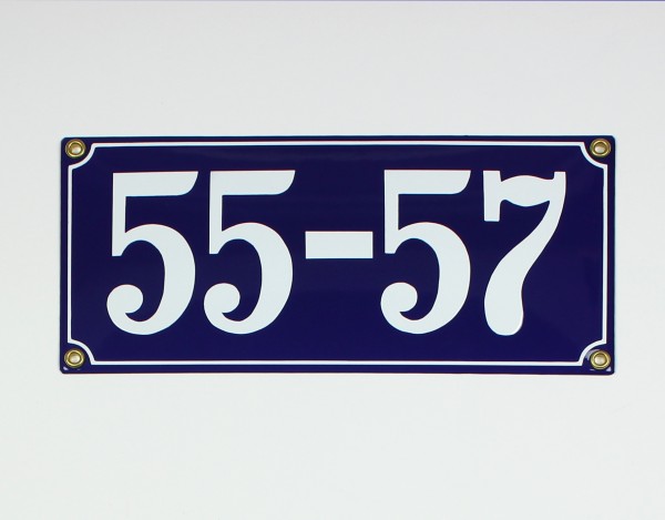 55-57 blau Clarendon 26x12 cm sofort lieferbar Schild Emaille 5-stellige Hausnummer