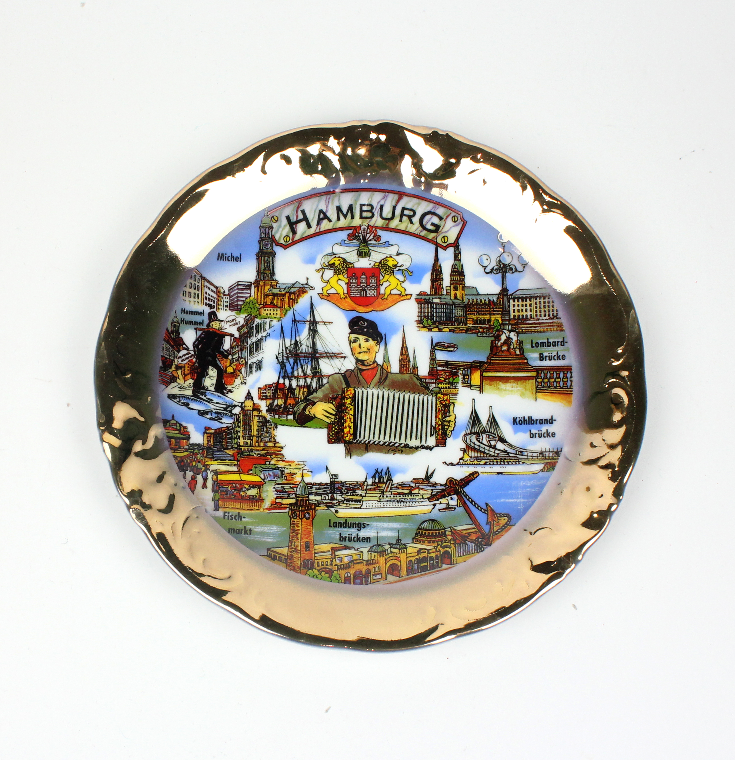 Hamburg Teller Porzellan,8 cm vergoldet,Michel,Landungsbrücken,Souvenir,NEU