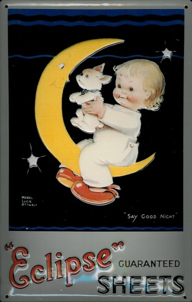 Blechschild Nostalgieschild Eclipse Sheets Kind mit Halbmond und Katze