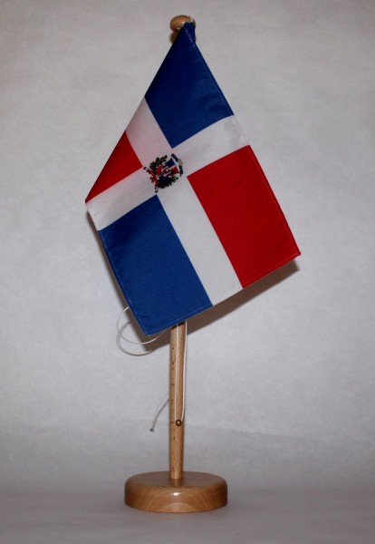 Tischflagge Dominikanische Republik mit Wappen 25x15 cm optional mit Holz- oder Chromständer Tischfa