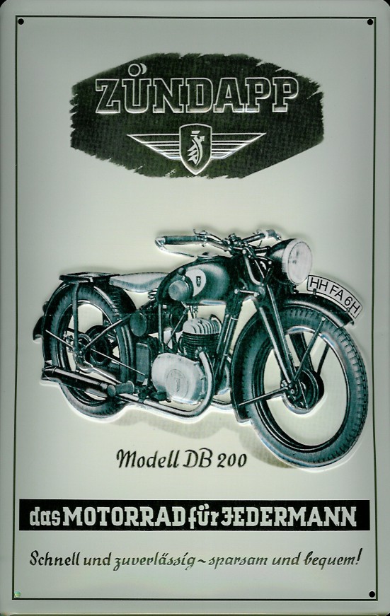 Blechschild Zündapp Modell DB 200 Nostalgieschild Motorrad Werbeschild 20x30 cm